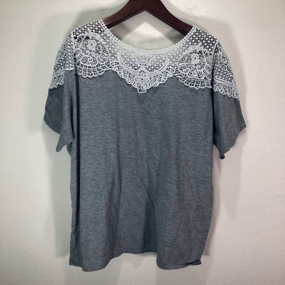 Romantic Yishen Gray Crochet Lace Yoke Short Sleeve Top Women XL XXL